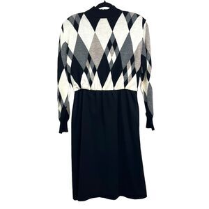 Vintage Ciao Ltd Womens Wool Knit Dress Stretch Long Sleeve Lined Black Cream 12